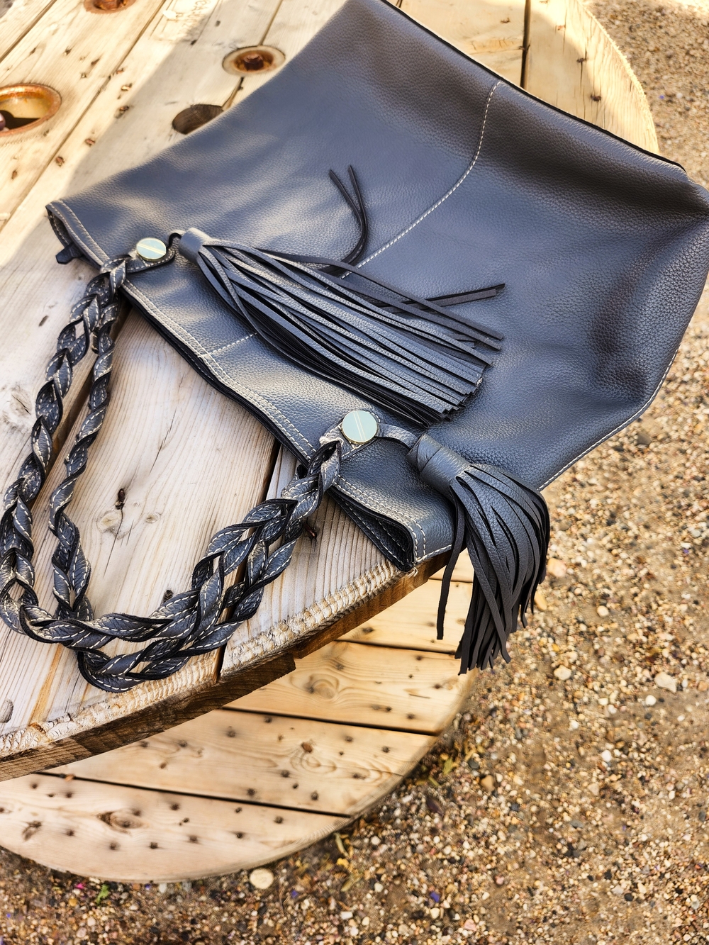 Shomico Gray Pebbled Faux Leather Tote Braided Handles Tassel Shoulder Bag